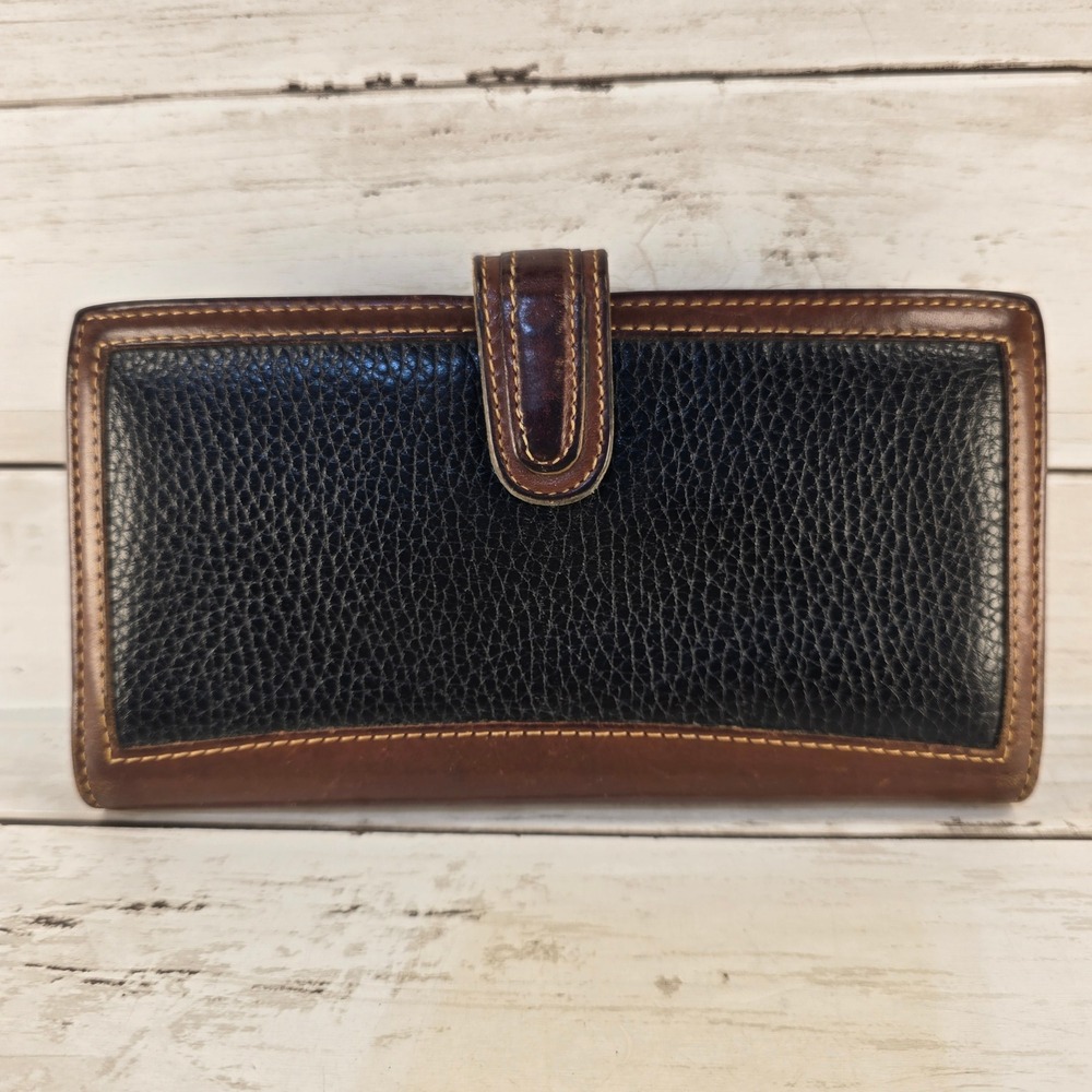 Vintage Coach Two Tone Leather Kiss Lock Long Wallet Black Brown Snap Closure